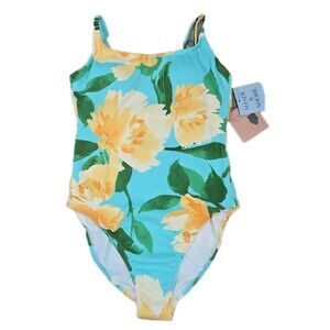 Shade & Shore Floral One Piece Swimsuit S Blue Yellow High Leg Cheeky NWT